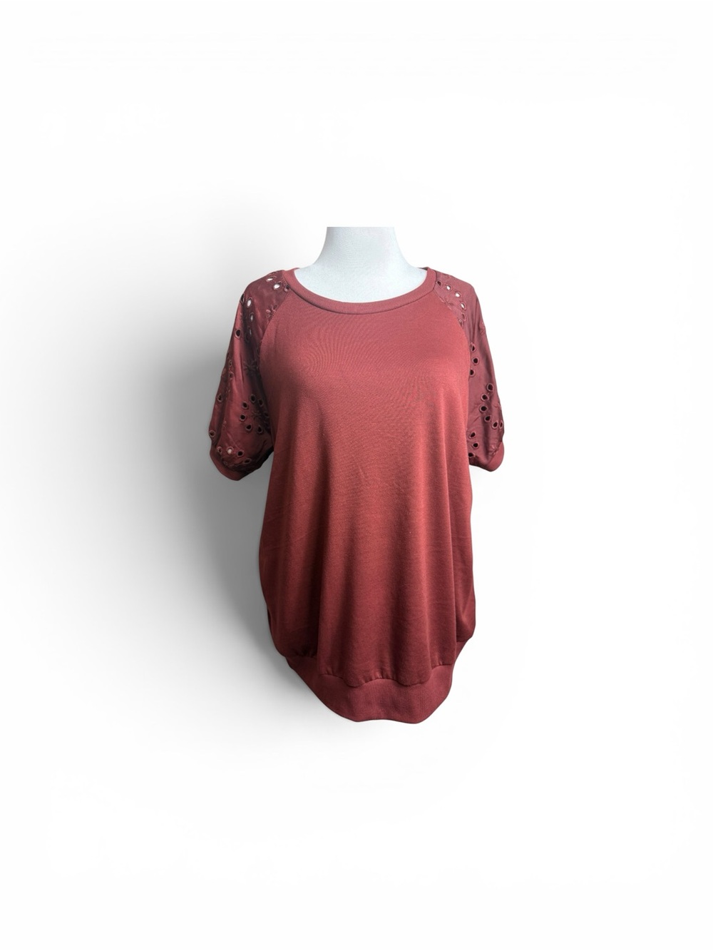 torrid French terry eyelet raglan short sleeve sweatshirt in madder brown 1-1X